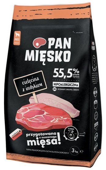 Pan Mięsko Karma sucha dla psa - cielęcina i indyk chrupki M 3kg